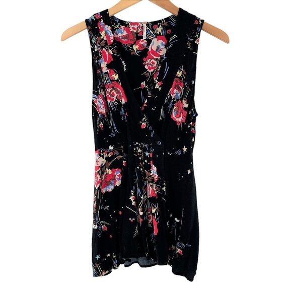 Free People BACK TO BASICS Black Floral & Stars Wrap Tunic Top Size XS Blouse - Picture 2 of 5